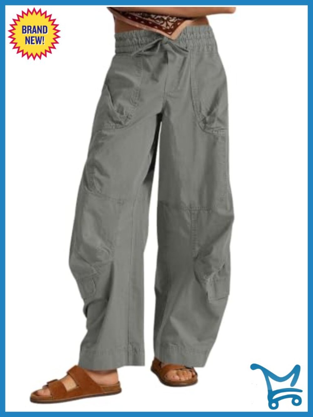 Womens 100% Cotton Baggy Barrel Wide Leg Pants Drawstring High Waisted